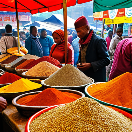 Home 19 **A bustling Ethiopian market scene:** Capture the vibrant atmosphere of Merkato market in Addis Ababa. Focus on the colorful displays of spices like berbere, piles of teff grain, and local vendors interacting with customers. Emphasize the sensory experience with rich textures and warm lighting.