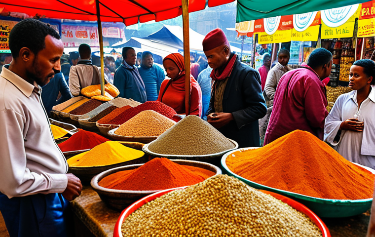 **A bustling Ethiopian market scene:** Capture the vibrant atmosphere of Merkato market in Addis Ababa. Focus on the colorful displays of spices like berbere, piles of teff grain, and local vendors interacting with customers. Emphasize the sensory experience with rich textures and warm lighting.