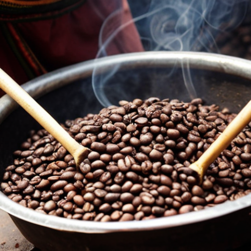 Home 18 **
A close-up shot of meticulously roasted Ethiopian Yirgacheffe coffee beans in a traditional roasting pan over charcoal, with wisps of smoke rising. Focus on capturing the rich brown tones and the texture of the beans. In the background, slightly blurred, show a woman's hands carefully stirring the beans. Emphasize the ritualistic aspect.
**