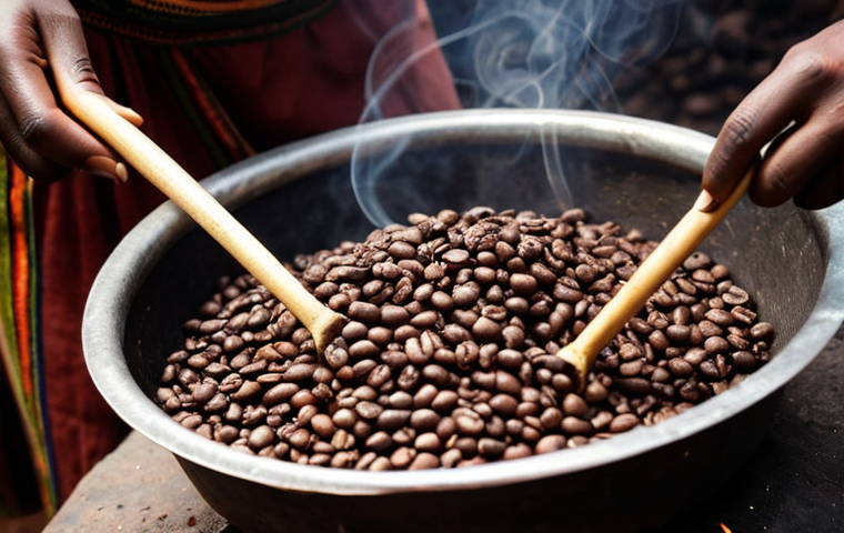 **

A close-up shot of meticulously roasted Ethiopian Yirgacheffe coffee beans in a traditional roasting pan over charcoal, with wisps of smoke rising. Focus on capturing the rich brown tones and the texture of the beans. In the background, slightly blurred, show a woman's hands carefully stirring the beans. Emphasize the ritualistic aspect.

**