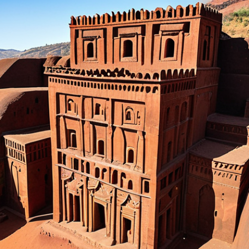 Home 17 **Prompt:** Breathtaking panoramic view of Lalibela's rock-hewn churches, Ethiopia, during the dry season (October-May). Golden sunlight illuminates the intricate details of the monolithic structures carved into the red earth. Capture the sense of awe and history, showcasing the unique architecture and spiritual atmosphere. Clear blue sky, minimal tourists.