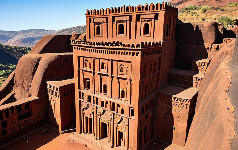 **Prompt:** Breathtaking panoramic view of Lalibela's rock-hewn churches, Ethiopia, during the dry season (October-May). Golden sunlight illuminates the intricate details of the monolithic structures carved into the red earth. Capture the sense of awe and history, showcasing the unique architecture and spiritual atmosphere. Clear blue sky, minimal tourists.