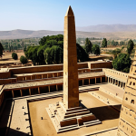 A professional, wide-angle shot depicting an ancient Aksumite city at its peak, showcasing a majestic monolithic obelisk standing tall, surrounded by meticulously crafted ancient masonry of the Yeha temple. In the foreground, fully clothed Ethiopian scholars in modest historical attire are seen observing the grand structures, with intricate, subtle details of early agricultural irrigation systems in the background. The scene is bathed in warm, historical light, emphasizing the architectural sophistication and organized society. safe for work, appropriate content, perfect anatomy, correct proportions, natural pose, well-formed hands, proper finger count, natural body proportions, high-quality professional photography, family-friendly.