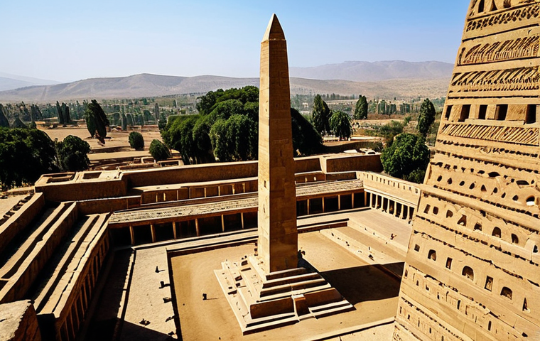 A professional, wide-angle shot depicting an ancient Aksumite city at its peak, showcasing a majestic monolithic obelisk standing tall, surrounded by meticulously crafted ancient masonry of the Yeha temple. In the foreground, fully clothed Ethiopian scholars in modest historical attire are seen observing the grand structures, with intricate, subtle details of early agricultural irrigation systems in the background. The scene is bathed in warm, historical light, emphasizing the architectural sophistication and organized society. safe for work, appropriate content, perfect anatomy, correct proportions, natural pose, well-formed hands, proper finger count, natural body proportions, high-quality professional photography, family-friendly.
