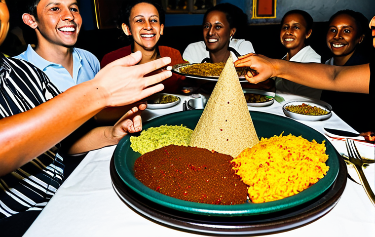 A diverse group of adults and families gathered around a traditional low table in an authentic Ethiopian restaurant. They are sharing a large injera platter piled with an assortment of vibrantly colored wots, including red Key Wat, orange Misir Wat, and green Gomen. Hands are gracefully reaching for the food, some performing a Gursha gesture, symbolizing hospitality. The atmosphere is warm, inviting, and filled with genuine connection. All subjects are fully clothed in modest, appropriate attire. safe for work, appropriate content, family-friendly, perfect anatomy, correct proportions, natural pose, well-formed hands, proper finger count, natural body proportions, professional photography, high quality, ultra-realistic.