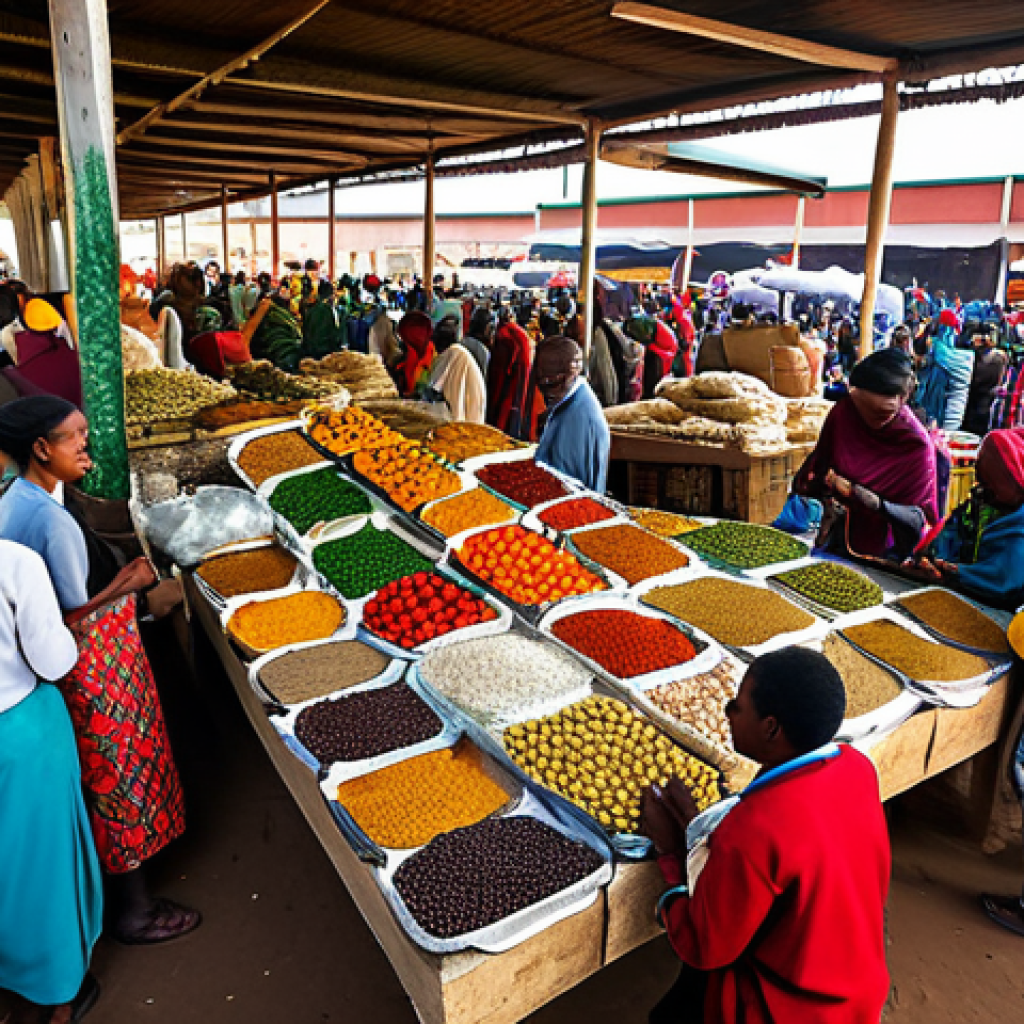 **

"A bustling Ethiopian marketplace, diverse ethnic groups in traditional, fully clothed attire buying and selling goods, vibrant colors, safe for work, appropriate content, wide angle, perfect anatomy, correct proportions, professional photography, high quality, family-friendly."

**