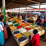 **

"A bustling Ethiopian marketplace, diverse ethnic groups in traditional, fully clothed attire buying and selling goods, vibrant colors, safe for work, appropriate content, wide angle, perfect anatomy, correct proportions, professional photography, high quality, family-friendly."

**