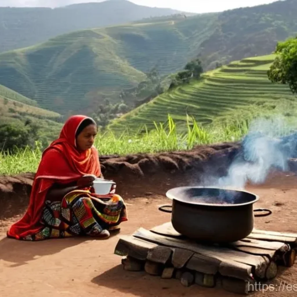 에티오피아의 특산품 및 구매 가이드 - **A traditional Ethiopian coffee ceremony (Bunna) taking place outdoors in a village setting, with l...