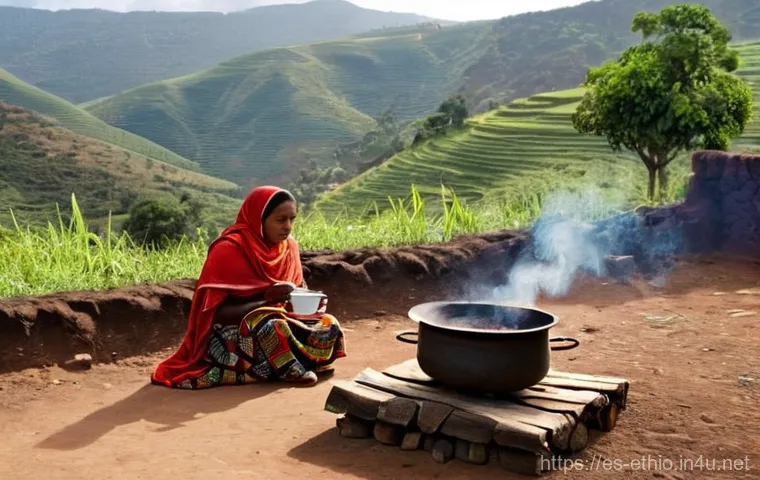 에티오피아의 특산품 및 구매 가이드 - **A traditional Ethiopian coffee ceremony (Bunna) taking place outdoors in a village setting, with l...