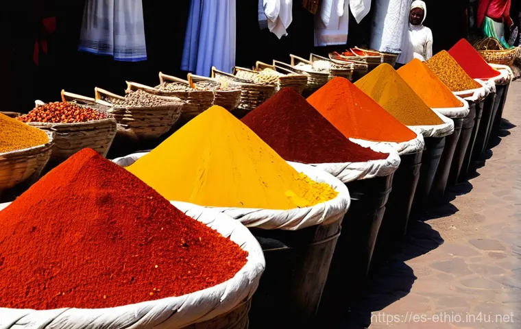에티오피아의 특산품 및 구매 가이드 - **A vibrant and bustling Ethiopian textile market scene, showcasing a myriad of intricately patterne...