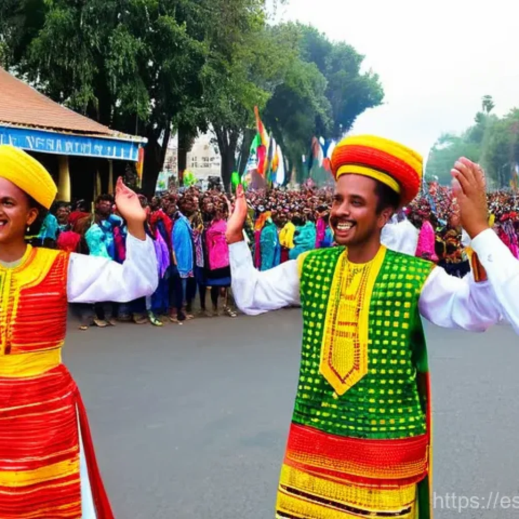 에티오피아의 독립기념일 행사 - **Prompt 1: Ethiopian National Day Celebration - Vibrant Eskista Dance**
"A lively, photorealist...