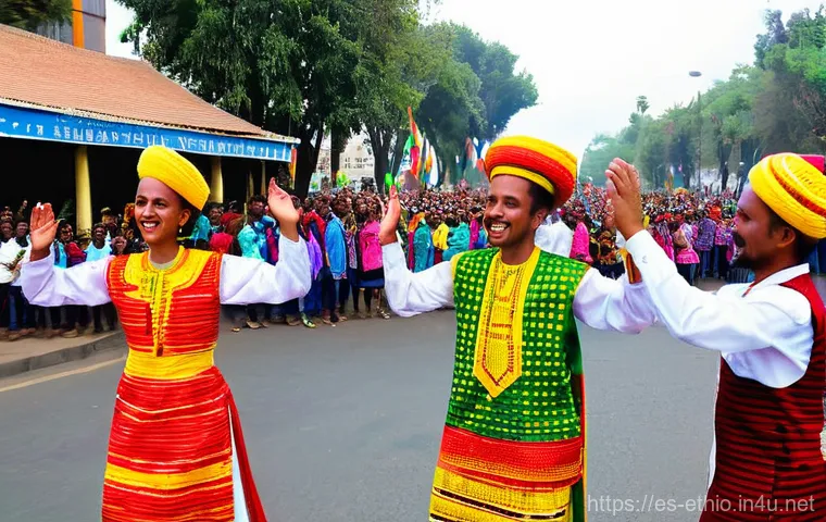 에티오피아의 독립기념일 행사 - **Prompt 1: Ethiopian National Day Celebration - Vibrant Eskista Dance**
    "A lively, photorealist...