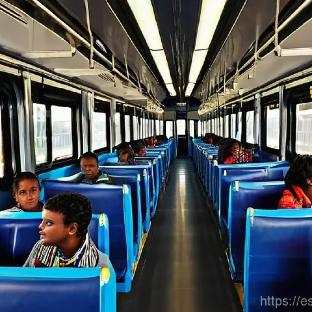 에티오피아 대중교통 이용법 - **Prompt 1: Addis Ababa Light Rail Journey**
    "A vibrant, eye-level shot inside a modern, clean A...