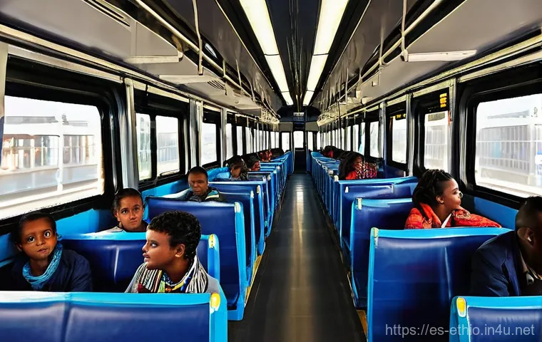 에티오피아 대중교통 이용법 - **Prompt 1: Addis Ababa Light Rail Journey**
    "A vibrant, eye-level shot inside a modern, clean A...