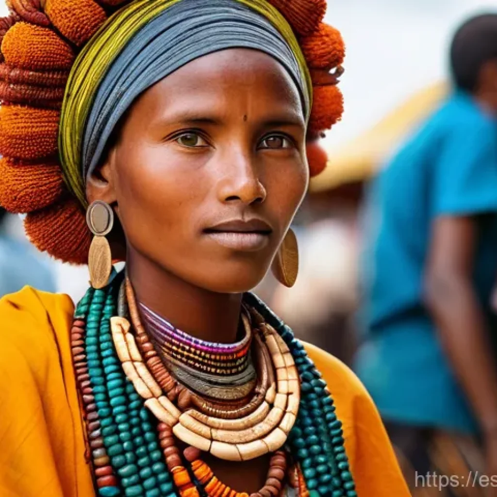 에티오피아 서남부 지역의 부족 생활 - **Prompt:** A vibrant, detailed portrait of a Hamer woman from Southwest Ethiopia at a bustling loca...