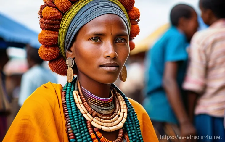 에티오피아 서남부 지역의 부족 생활 - **Prompt:** A vibrant, detailed portrait of a Hamer woman from Southwest Ethiopia at a bustling loca...