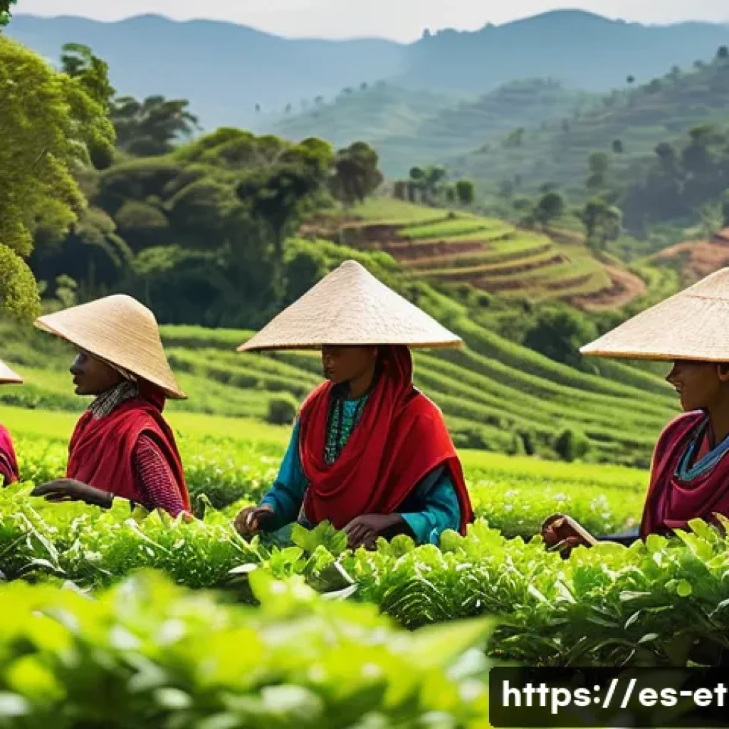 에티오피아 커피 시장 동향 - A vibrant Ethiopian coffee farm scene featuring local farmers wearing traditional clothing and straw...