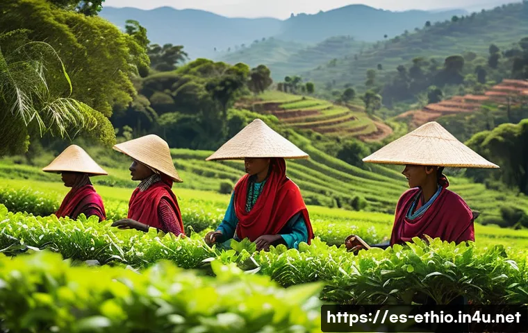 에티오피아 커피 시장 동향 - A vibrant Ethiopian coffee farm scene featuring local farmers wearing traditional clothing and straw...
