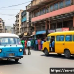 에티오피아 여행 경비 예산 짜기 - A vibrant street scene in Addis Ababa, Ethiopia, showcasing local minibuses ("matatus") and taxis na...