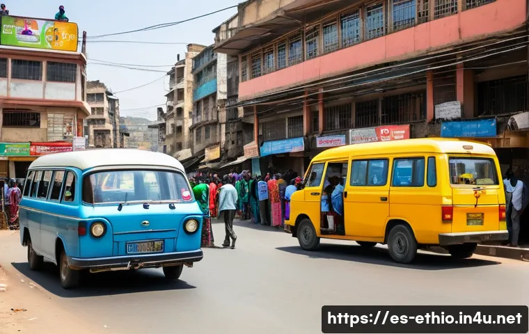 에티오피아 여행 경비 예산 짜기 - A vibrant street scene in Addis Ababa, Ethiopia, showcasing local minibuses ("matatus") and taxis na...
