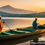에티오피아에서 가장 아름다운 호수 - A serene Ethiopian mountain lake scene at sunset, surrounded by rolling green hills and lush vegetat...