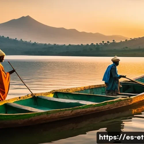 에티오피아에서 가장 아름다운 호수 - A serene Ethiopian mountain lake scene at sunset, surrounded by rolling green hills and lush vegetat...