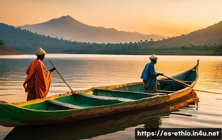 에티오피아에서 가장 아름다운 호수 - A serene Ethiopian mountain lake scene at sunset, surrounded by rolling green hills and lush vegetat...
