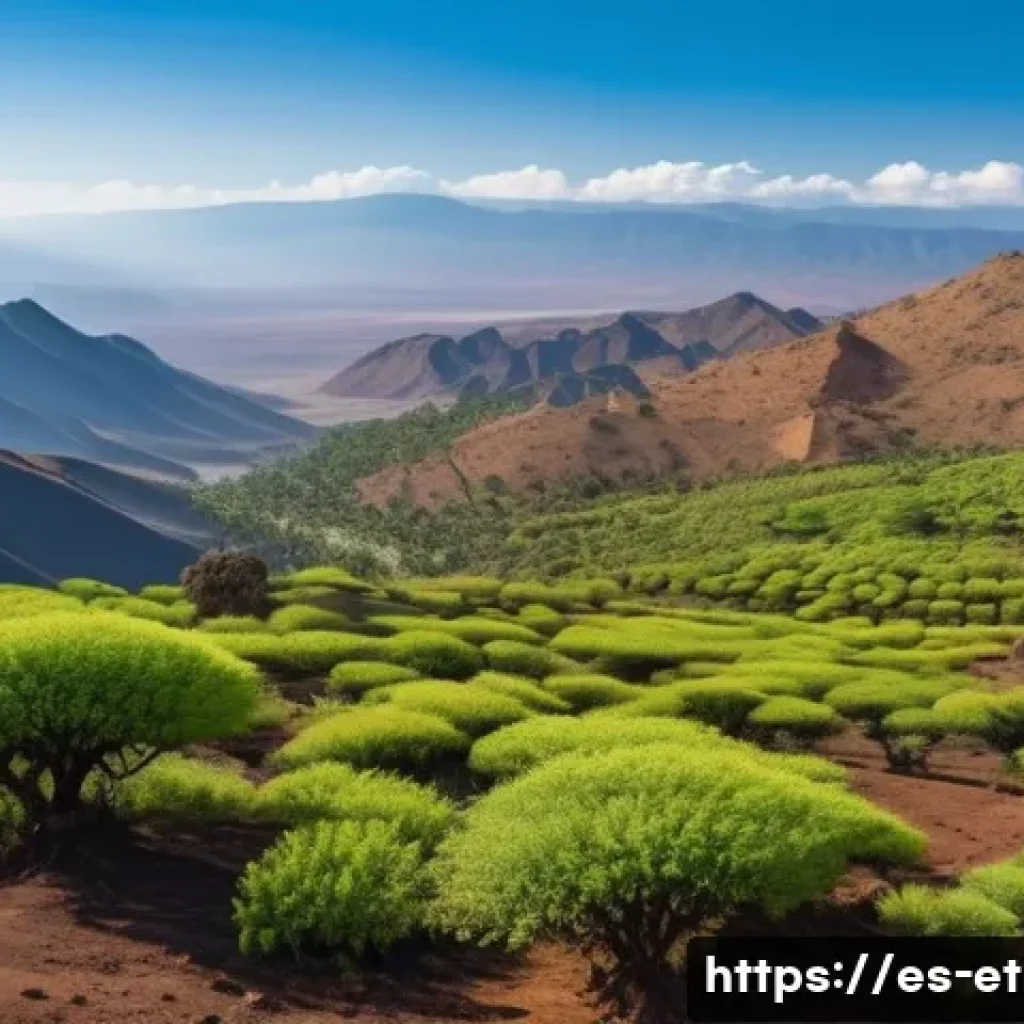 에티오피아 고원 지역의 동식물 - A panoramic view of the Ethiopian highland plateau under a clear blue sky, showcasing endemic vegeta...