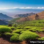 에티오피아 고원 지역의 동식물 - A panoramic view of the Ethiopian highland plateau under a clear blue sky, showcasing endemic vegeta...