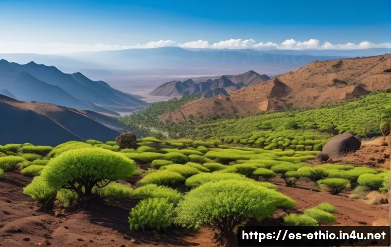 에티오피아 고원 지역의 동식물 - A panoramic view of the Ethiopian highland plateau under a clear blue sky, showcasing endemic vegeta...