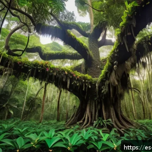 아르차포레스트와 주변 생태 탐사 - A vibrant scene in Archa Forest showcasing a towering Ceiba pentandra tree with sprawling roots and ...