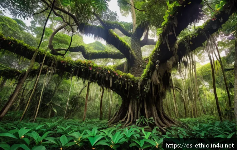 아르차포레스트와 주변 생태 탐사 - A vibrant scene in Archa Forest showcasing a towering Ceiba pentandra tree with sprawling roots and ...